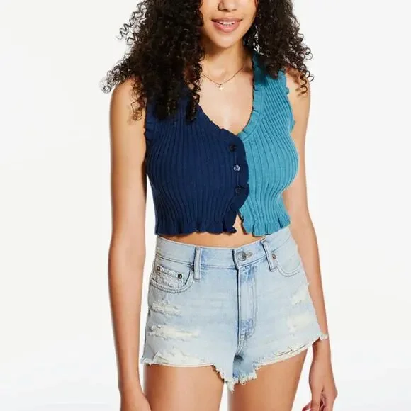 Aeropostale Color blocked Ruffle button-up cropped tank knit top women’s size S - Picture 6 of 7